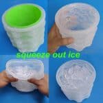 Four-step process of squeezing crushed ice out of a Ice Cube Maker Silicone Bucket Mold Cooler With Free Ice Tray Cylinder with a green rim against a blue background.