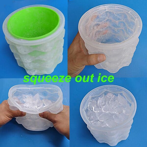 Four-step process of squeezing crushed ice out of a Ice Cube Maker Silicone Bucket Mold Cooler With Free Ice Tray Cylinder with a green rim against a blue background.