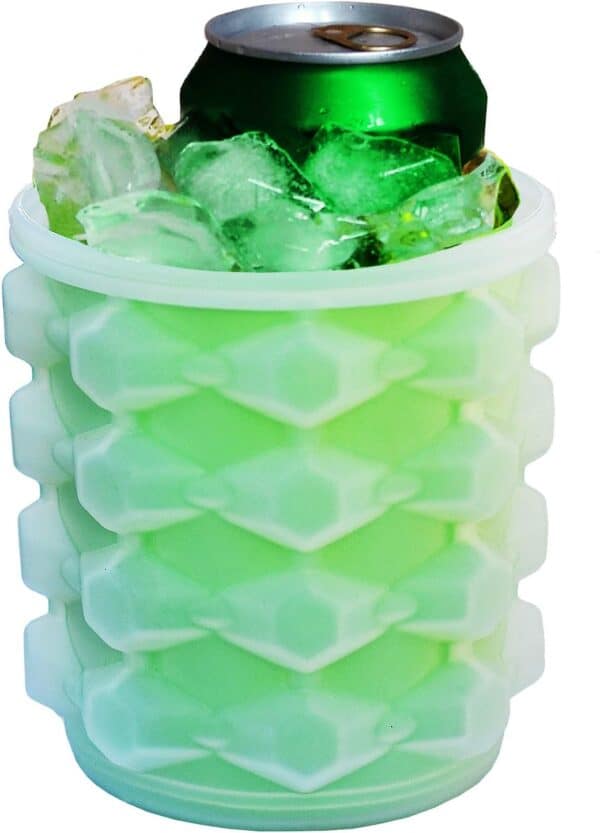 A green soda can surrounded by ice cubes from a Ice Cube Maker Silicone Bucket Mold Cooler With Free Ice Tray Cylinder, inside a translucent green honeycomb-patterned insulating sleeve.