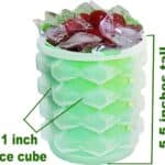 Ice Cube Maker Silicone Bucket Mold Cooler With Free Ice Tray Cylinder containing large ice cubes and red cherries, indicated dimensions for ice cube size and tray height.