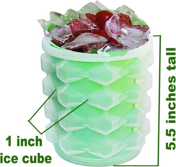 Ice Cube Maker Silicone Bucket Mold Cooler With Free Ice Tray Cylinder containing large ice cubes and red cherries, indicated dimensions for ice cube size and tray height.