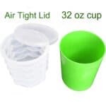 A set of white, stackable 32 oz plastic cups with air-tight lids next to a single Ice Cube Maker Silicone Bucket Mold Cooler With Free Ice Tray Cylinder.