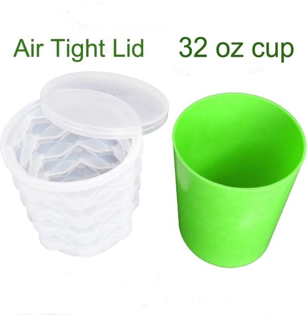 A set of white, stackable 32 oz plastic cups with air-tight lids next to a single Ice Cube Maker Silicone Bucket Mold Cooler With Free Ice Tray Cylinder.
