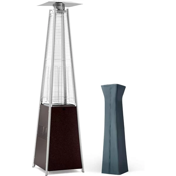 A PAMAPIC patio heater in a pyramid style with a visible flame tube, accompanied by a fitted protective cover on the right.