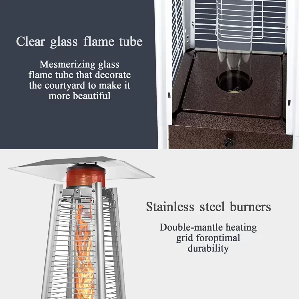 Two images of a PAMAPIC Patio heater 42000 BTU Stainless Steel Pyramid Patio Heater with Cover Bronze: the top image shows a close-up of the heater's flame tube; the bottom image displays the full patio heater with a visible grid flame tube.