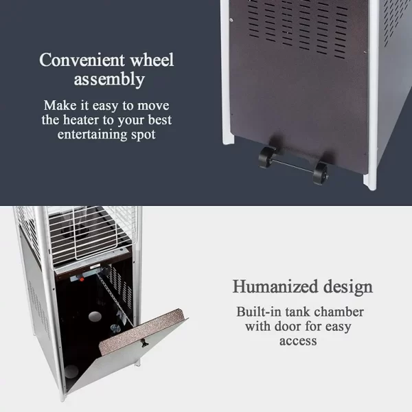 Portable cooler on wheels, gray, with text describing features: "convenient wheel design" and "humanized design with a built-in tank chamber and door for easy access to the PAMAPIC Patio heater 42000 BTU Stainless Steel Pyramid Patio Heater with Cover Bronze.