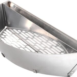 Stainless steel medical Slow ‘N Sear® XL for 26" Charcoal Grill dish with a perforated section, resembling a charcoal grill, isolated on a white background.
