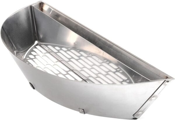 Slow ‘N Sear® XL for 26" Charcoal Grill stainless steel boat-shaped container with a perforated insert on a white background.