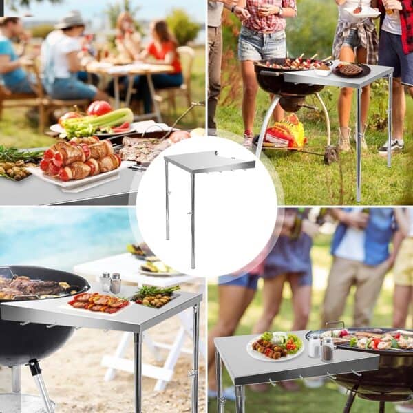 Collage of outdoor barbecue scenes featuring Stanbroil Stainless Steel Work Table Fits All Weber 18 inch, displaying a variety of grilled foods and social gatherings.