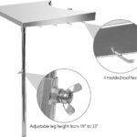 Stanbroil Stainless Steel Work Table Fits All Weber 18 inch with adjustable leg height, featuring a corner extension and four molded tool hooks with close-up views of the table's leg adjustment mechanism and hooks.