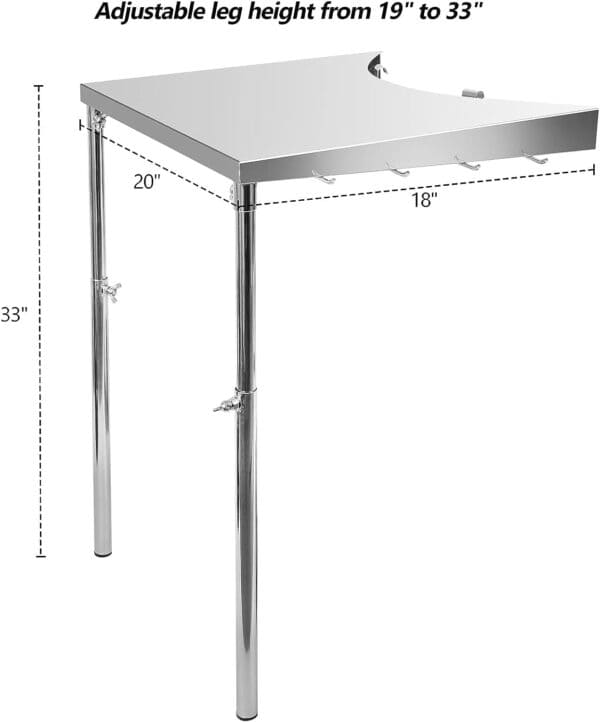 Illustration of a modern Stanbroil Stainless Steel Work Table Fits All Weber 18 inch with adjustable legs, height ranging from 19 inches to 33 inches, and measurements indicated.