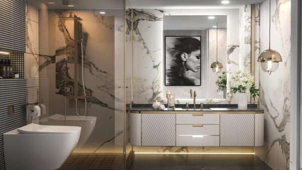 Luxurious bathroom interior featuring marble walls, a white tub, a 36 x 28 Inch LED Backlit Mirror Bathroom Wall Mounted Vanity Mirror, gold accents, and a large portrait on the wall.