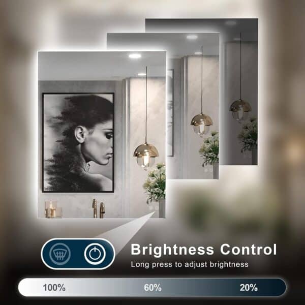 Modern bathroom interior with 36 x 24 LED Bathroom Mirror reflecting a woman's portrait, featuring adjustable brightness controls on display.