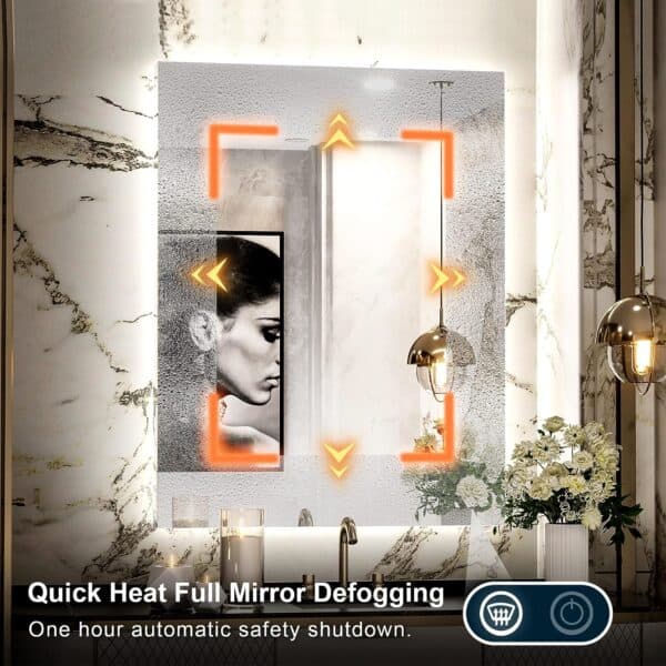 An advertisement showcasing a 36 x 28 Inch LED Backlit Mirror Bathroom Wall Mounted Vanity Mirror with built-in defogging feature, highlighted by orange arrows, and an image of a woman’s face reflected in the mirror.