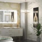 Luxurious bathroom with marble walls and floor, featuring a vanity with double sinks, an LED Mirror with Lights 40 x 24" Bathroom Vanity Mirror Illuminated Mirror, and ornate decorative elements.