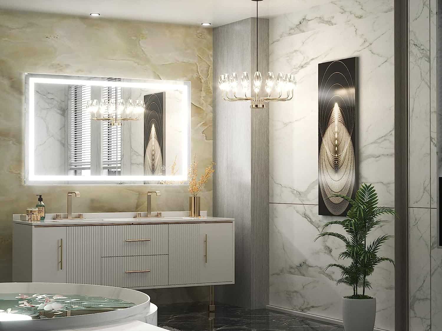 Luxurious bathroom with marble walls and floor, featuring a vanity with double sinks, an LED Mirror with Lights 40 x 24″ Bathroom Vanity Mirror Illuminated Mirror, and ornate decorative elements.