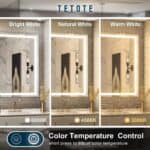 Three LED Bathroom Vanity Mirrors each illuminated by lights with different color temperatures: bright white (6000k), natural white (4500k), and warm white (3000k), showcasing color temperature control features.