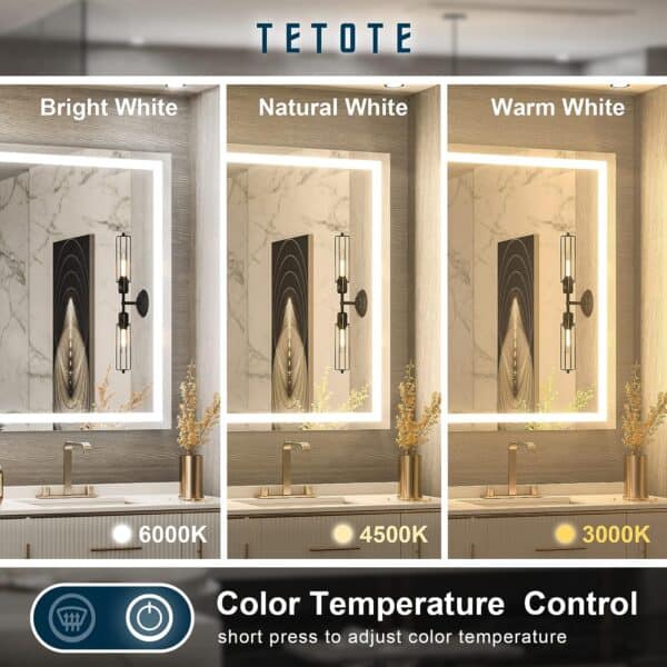 Three LED Bathroom Vanity Mirrors each illuminated by lights with different color temperatures: bright white (6000k), natural white (4500k), and warm white (3000k), showcasing color temperature control features.