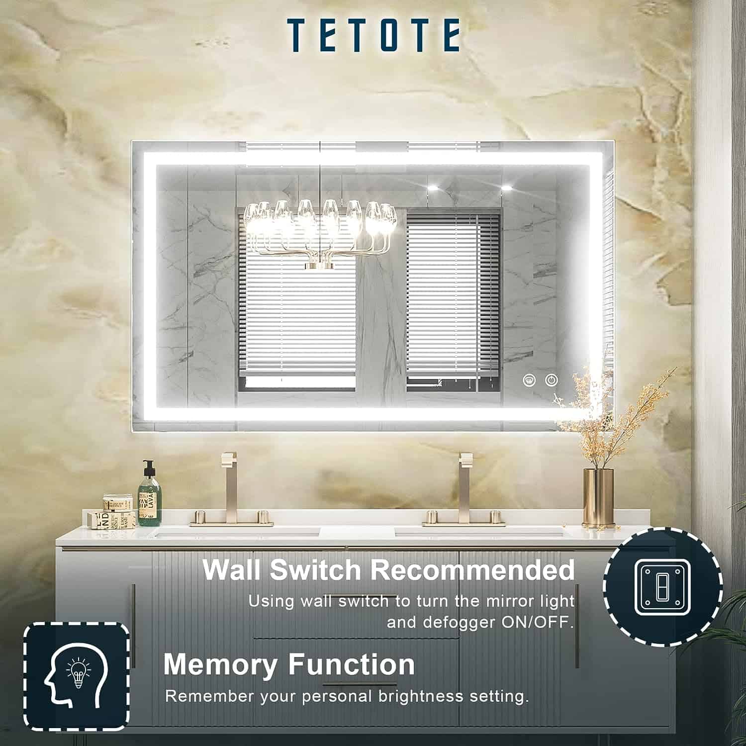 LED Mirror40 x 24″ Bathroom Vanity Mirror Illuminated Mirror with Lights on a marbled wall, featuring icons suggesting a wall switch and a memory function for brightness and defogger settings.
