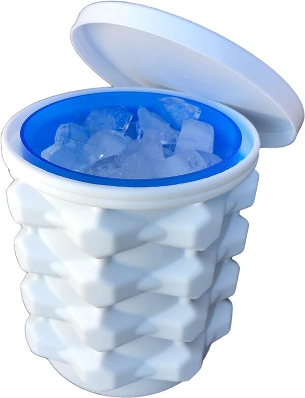 An open white, textured portable ice bucket filled with ice cubes from The Ultimate Mini Ice Cube Maker Pink Silicone Bucket Ice Mold and Storage Bin, featuring a blue interior and matching white lid lifted off to the side.