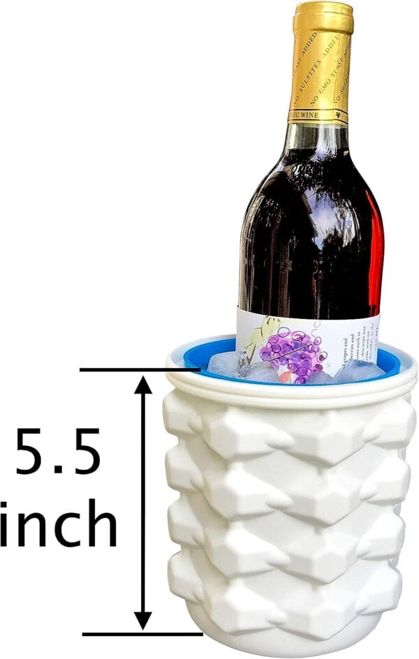 White, geometrically textured wine chiller bucket with a bottle of red wine inside, measured at 5.5 inches tall and equipped with the Mini Ice Cube Maker Pink Silicone Bucket Ice Mold and Storage Bin.