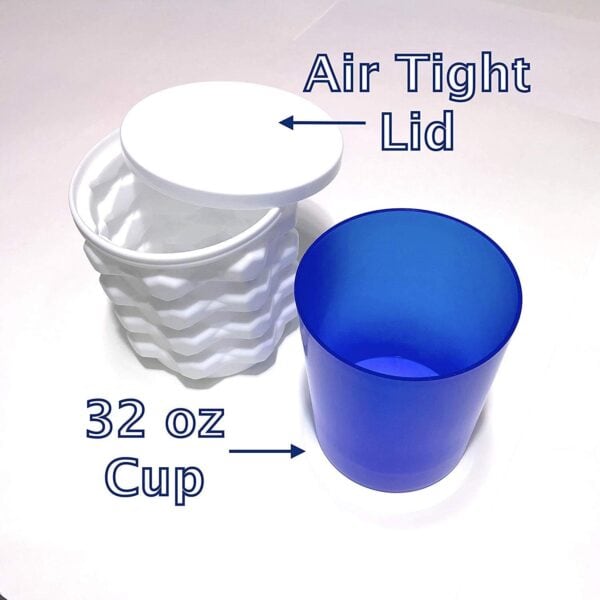 A 32 oz blue cup next to a stack of white cups labeled with "air tight lid" pointing to the topmost cup's lid on a white surface, ideal for use with the Mini Ice Cube Maker Pink Silicone Bucket Ice Mold and Storage Bin.