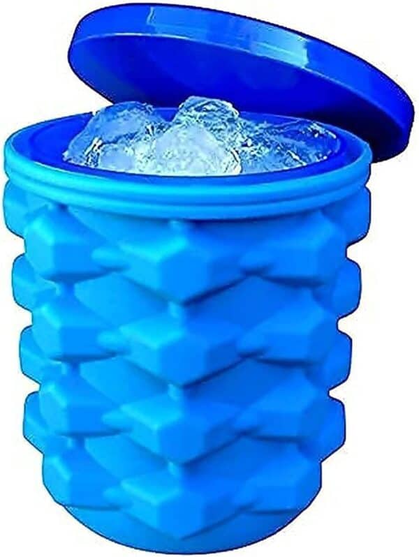 The Ultimate Mini Ice Cube Maker Silicone Bucket Ice Mold and Storage Bin Blue with its lid open, showing ice cubes inside.