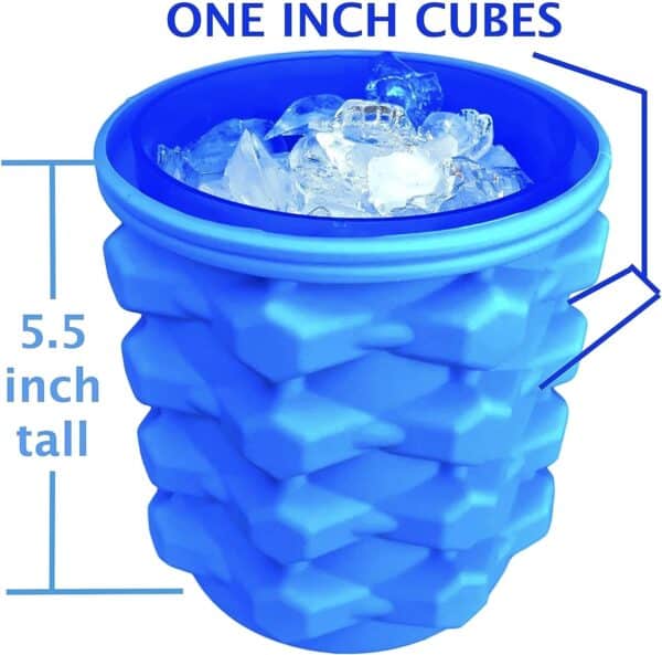 Blue Mini Ice Cube Maker Silicone Bucket Ice Mold and Storage Bin, filled with one-inch ice cubes, measuring 5.5 inches in height and known as The Ultimate Mini Ice Cube Maker.