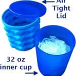 Two blue plastic cups with a 32 oz capacity, one containing ice cubes from The Mini Ice Cube Maker Silicone Bucket Ice Mold and Storage Bin Blue and labeled with features including an air-tight lid.