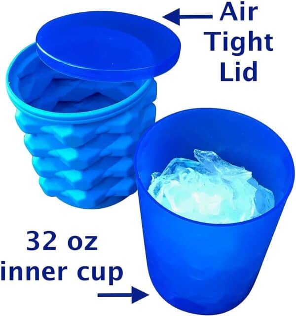 Two blue plastic cups with a 32 oz capacity, one containing ice cubes from The Mini Ice Cube Maker Silicone Bucket Ice Mold and Storage Bin Blue and labeled with features including an air-tight lid.