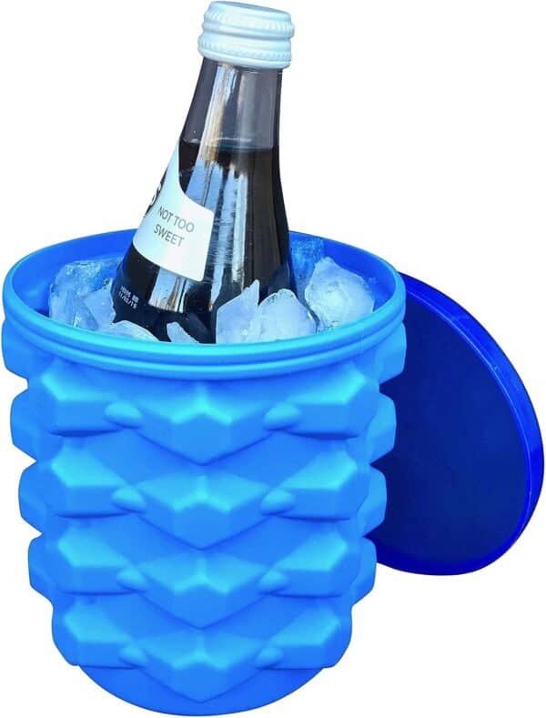 Blue insulated Mini Ice Cube Maker Silicone Bucket Ice Mold and Storage Bin with a bottle labeled "not too sweet" among mini ice cubes, with its lid placed beside it.