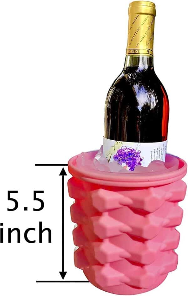 A wine bottle placed within a pink, 5.5-inch accordion-style silicone wine cooler, accompanied by The Ultimate Mini Ice Cube Maker Pink Silicone Bucket Ice Mold and Storage Bin Portable 2 in 1 Ice Cube Maker.