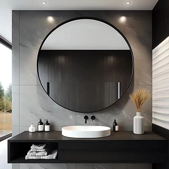 Black Round Mirror with Metal Frame for Bathroom