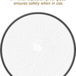 30 Inch Black Round Mirror featuring a metal frame, labeled "shatterproof glass," with a prominent, radial crack pattern illustrating its resistance. Text mentions 1/4" thick explosion-proof glass for safety.