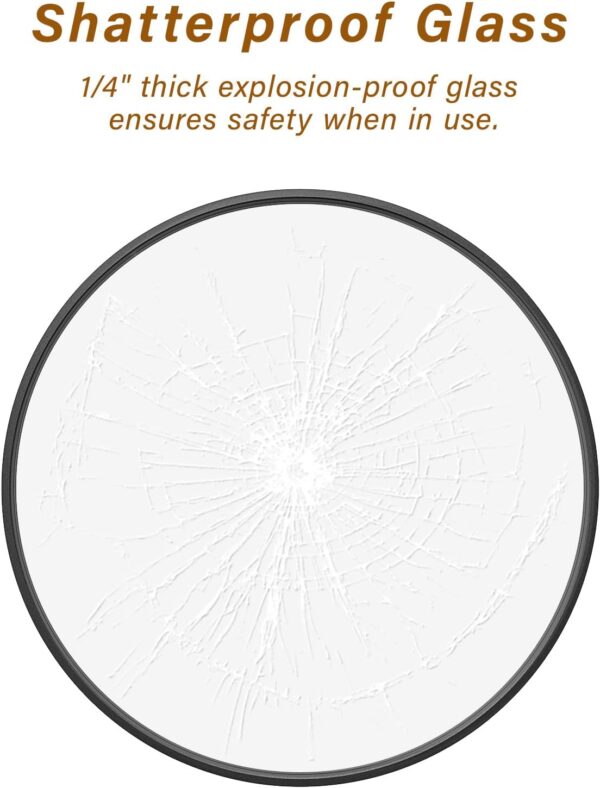 30 Inch Black Round Mirror featuring a metal frame, labeled "shatterproof glass," with a prominent, radial crack pattern illustrating its resistance. Text mentions 1/4" thick explosion-proof glass for safety.