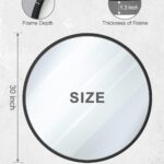 Illustration of a 30 Inch Black Round Mirror Metal Frame Mirror, measuring 30 inches in diameter, with annotations displaying a 0.4 inch frame depth and a 1.3 inch frame thickness.