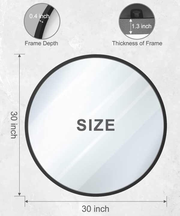 Illustration of a 30 Inch Black Round Mirror Metal Frame Mirror, measuring 30 inches in diameter, with annotations displaying a 0.4 inch frame depth and a 1.3 inch frame thickness.