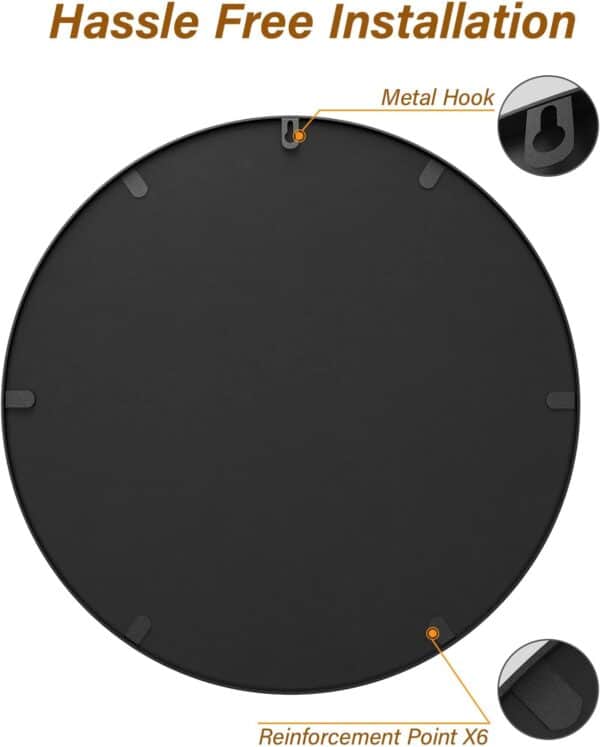 18-Inch Circle Wall Mirror Framed Metal Mirror for Bathroom, Bedroom, Living Room, and Entryway with six reinforcement points, highlighted for hassle-free installation.