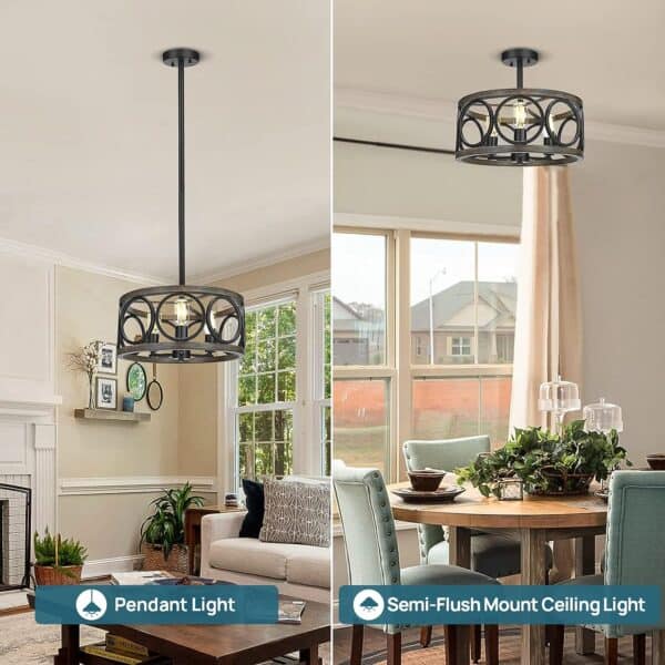 Comparison of two modern lights in home settings: left image features a 16'' Rustic Drum Chandelier Farmhouse Flush Mount Light Black Metal Hanging Light over a living room; right image shows a semi-flush mount ceiling light above a dining table.
