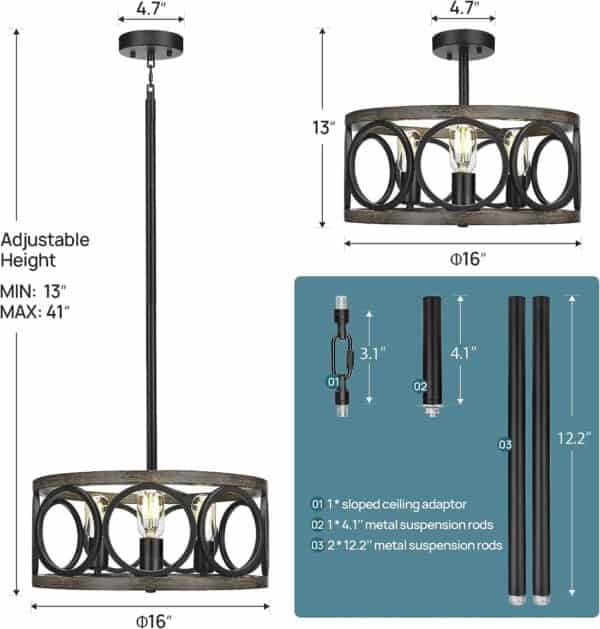 Diagram showing a 16'' Rustic Drum Chandelier Farmhouse Flush Mount Light Black Metal Hanging Light with dimensions and components including adjustable rods for height customization and a sloped ceiling adaptor.