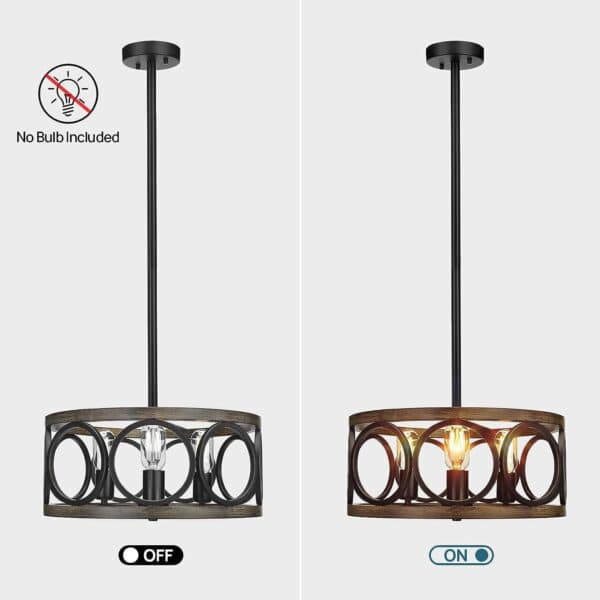 Side-by-side comparison of a 16'' Rustic Drum Chandelier Farmhouse Flush Mount Light Black Metal Hanging Light off and on, featuring an industrial design with circular metal frames. The left is unlit with a "no bulb included" sign, the right is