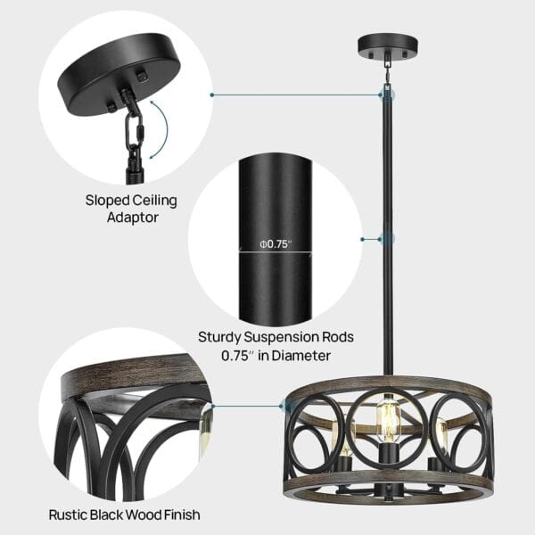 An image showing different components of a ceiling light fixture with a rustic black wood finish and sloped ceiling adapter. Details include dimensions and design elements of the 16'' Rustic Drum Chandelier Farmhouse Flush Mount Light Black Metal Hanging Light.
