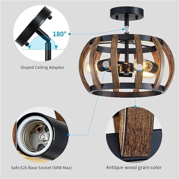 Farmhouse Chandelier Globe Pendant Light Fixtures with wooden accents, featuring a 180-degree sloped ceiling adapter, a safe e26 base socket, and a close-up of its antique wood grain texture as part