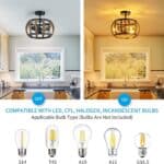 Two kitchen images comparing a Modern Semi Flush Mount Ceiling Light Crystal Ceiling Lights with 12 Inch Round Metal and Crystal Shade Matte Black off and on, showcasing compatibility with various bulb types: LED, CFL, halogen, and incandescent.