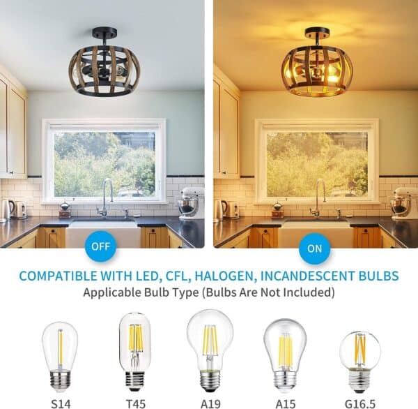 Two kitchen images comparing a Modern Semi Flush Mount Ceiling Light Crystal Ceiling Lights with 12 Inch Round Metal and Crystal Shade Matte Black off and on, showcasing compatibility with various bulb types: LED, CFL, halogen, and incandescent.