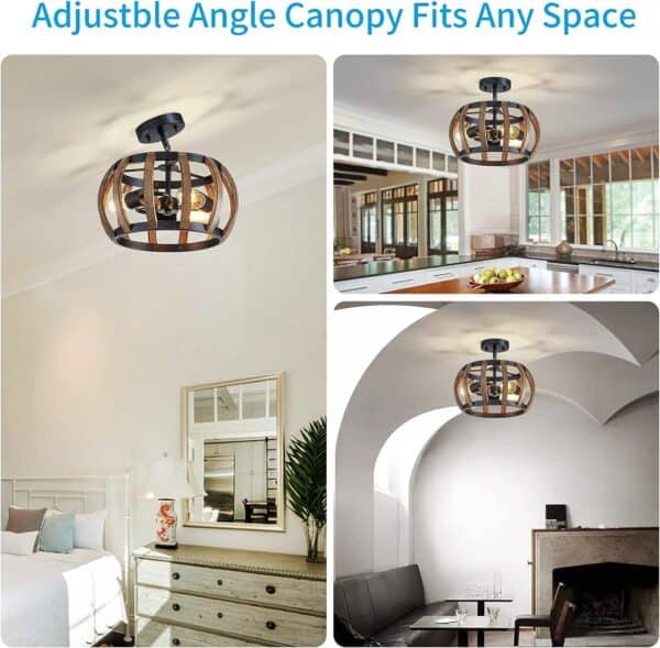 Four different rooms, each featuring the Modern Semi Flush Mount Ceiling Light Crystal Ceiling Lights with 12 Inch Round Metal and Crystal Shade in Matte Black.