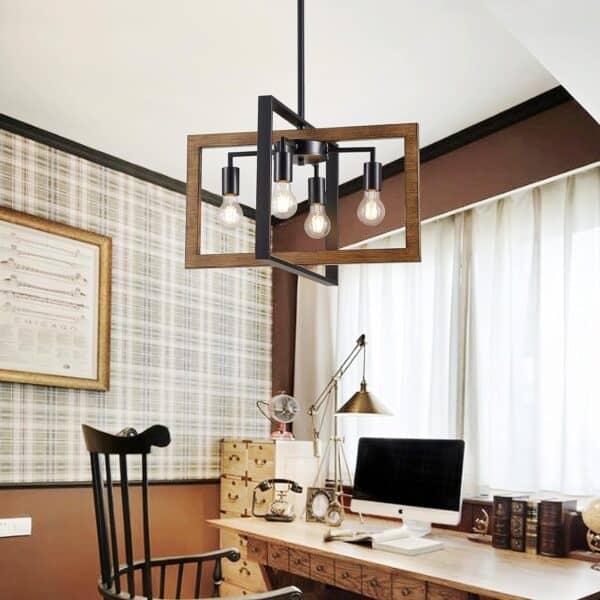 A Vintage Close to Ceiling Light Fixtures with Clear Glass Shade hangs in a home office with a desk, chair, and decorative items, creating a cozy workspace.
