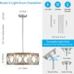 Illustration of a Drum Chandelier Rustic Pendant Lighting Antique Wood Grain Brushed Nickel with Round Metal Shade, showing dimensions, lightbulb compatibility, and adjustable ceiling mount options for flat or angled ceilings.