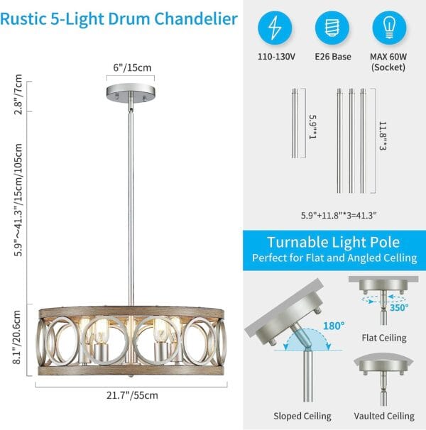 Illustration of a Drum Chandelier Rustic Pendant Lighting Antique Wood Grain Brushed Nickel with Round Metal Shade, showing dimensions, lightbulb compatibility, and adjustable ceiling mount options for flat or angled ceilings.