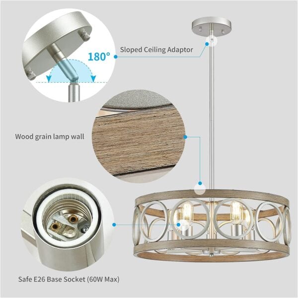Diagram showing features of a Drum Chandelier Rustic Pendant Lighting Antique Wood Grain Brushed Nickel with Round Metal Shade, including a 180-degree sloped ceiling adapter, wood grain detail, and a safe e26 base socket.